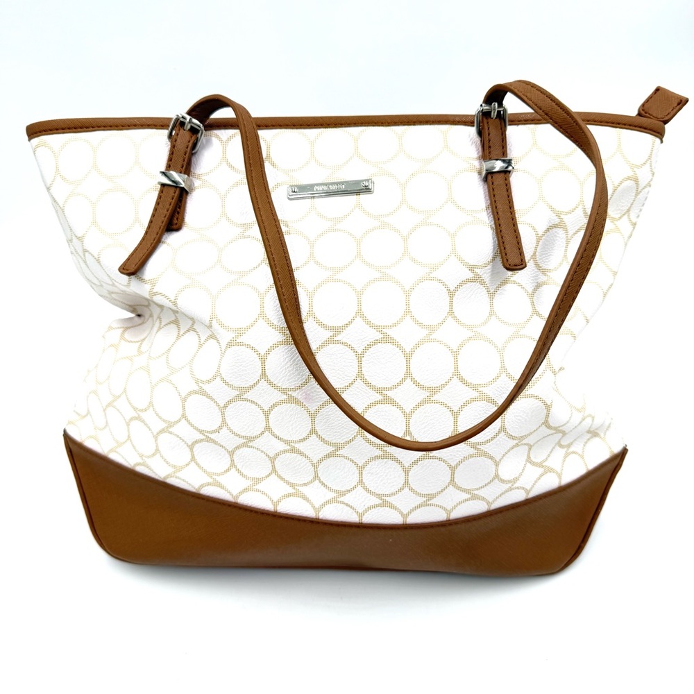 Nine West White and Brown Circle Print Tote Bag (B0004)